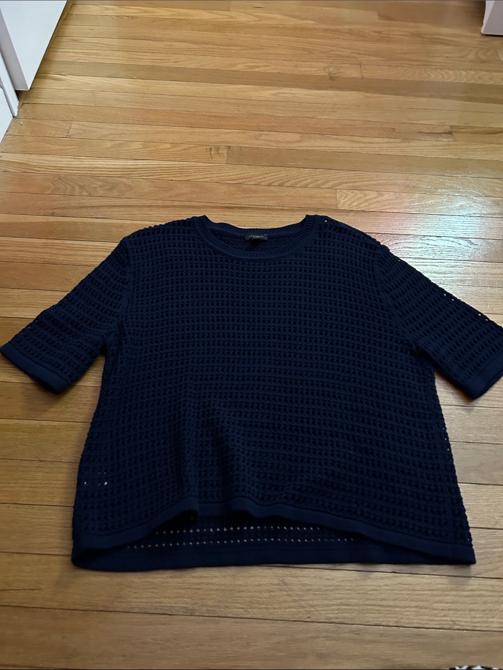 Ann Taylor Factory Navy Openwork Short Sleeve Sweater